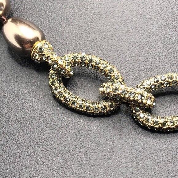Monet Faux Pearl Necklace Taupe Brown Rhinestone Covered Links Vtg Runway Collar - Picture 4 of 12